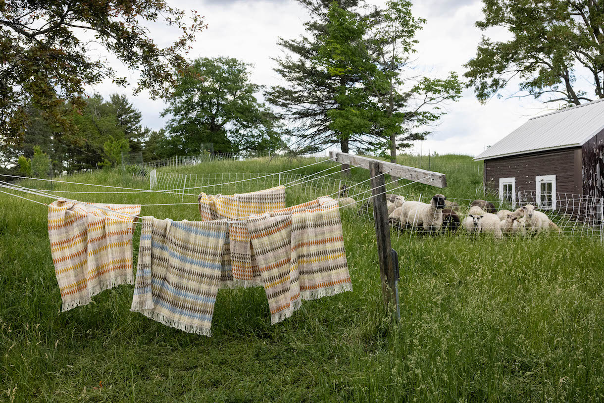Handwoven wool blankets hanging on a clothesline.